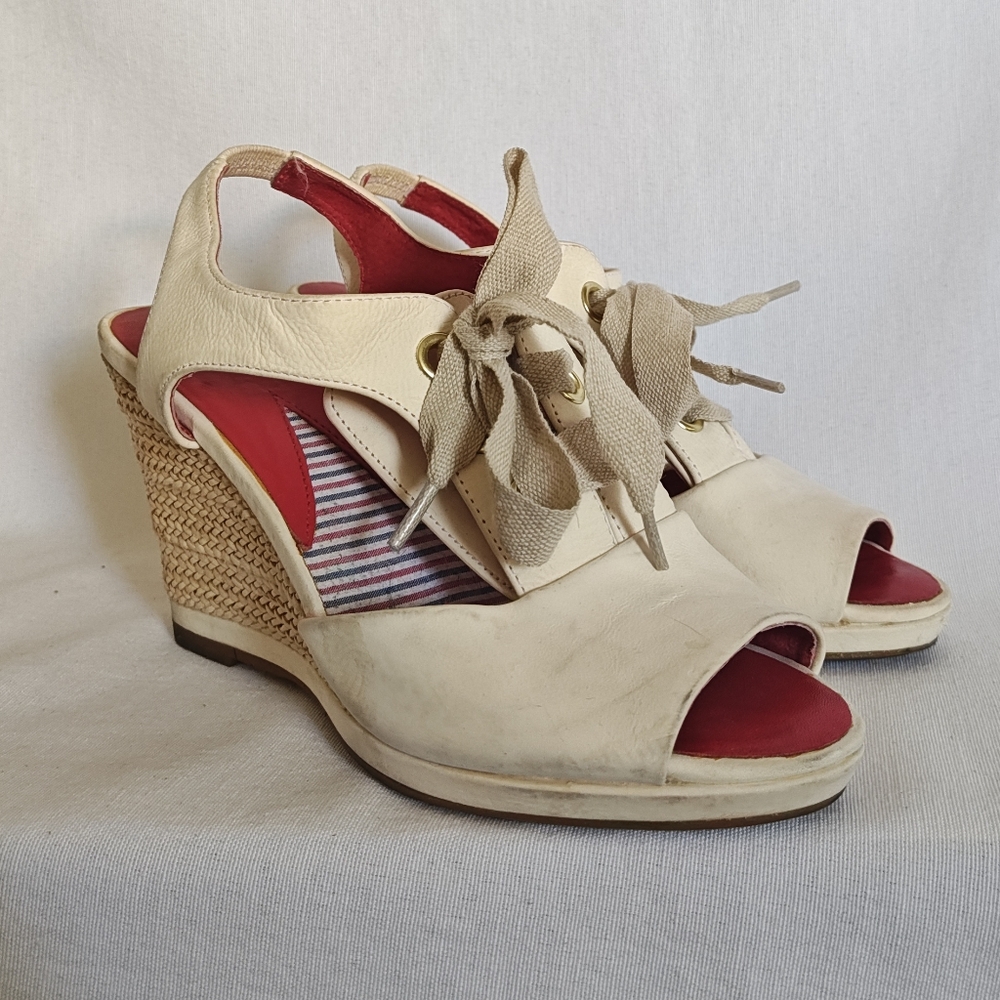 Johnston & Murphy Wedge Sandals Lace Up Espadrilles‎ Cream 6.5 Leather Natural